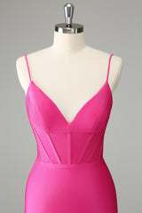 Fuchsia Bodycon Spaghetti Straps Satin Mini Dress