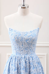 Blue Corset Strapless Pleated A Line Asymmetrical Dress