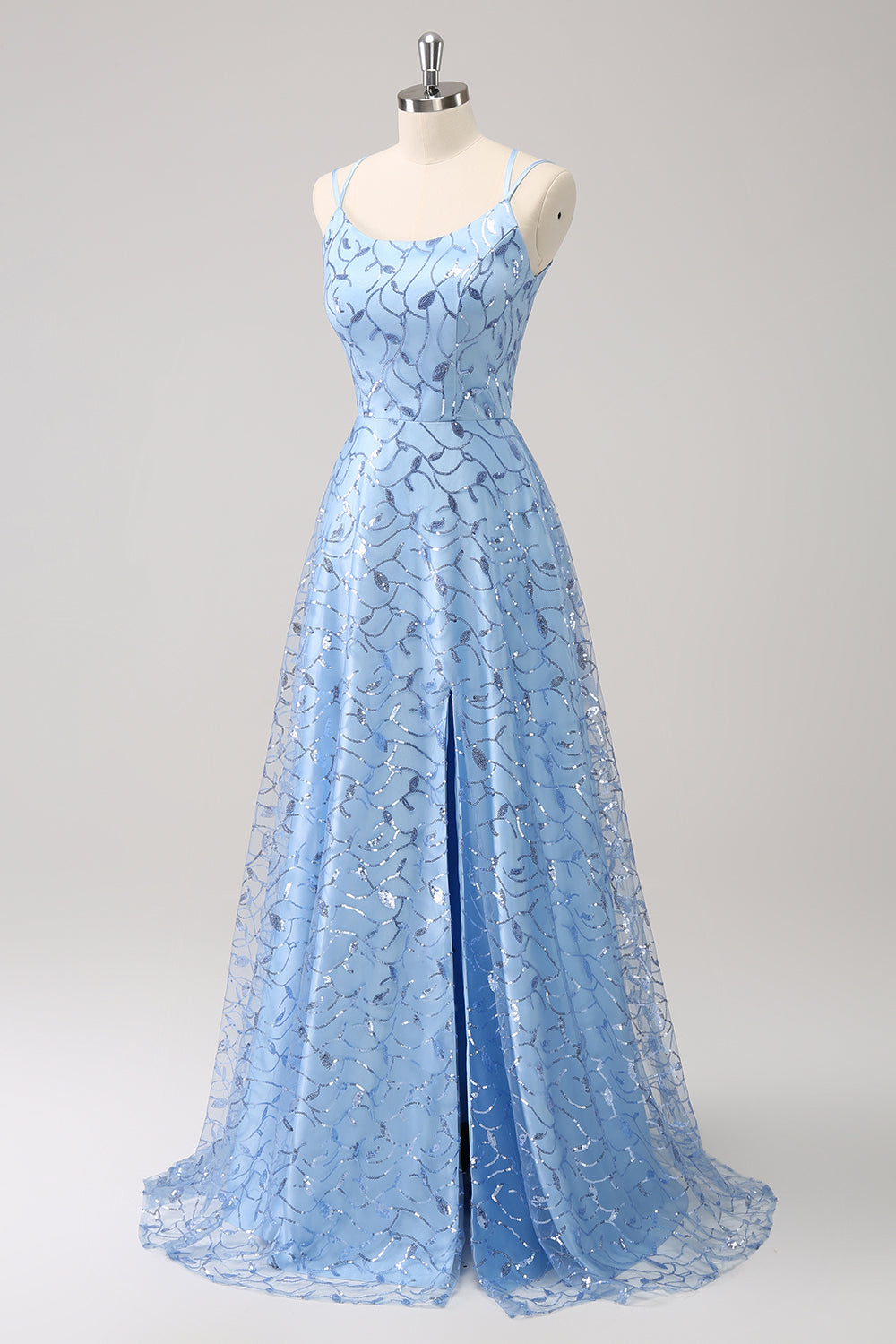 Sparkly Blue Spaghetti Straps Sequins Lace Up Back Maxi Dress with Slit