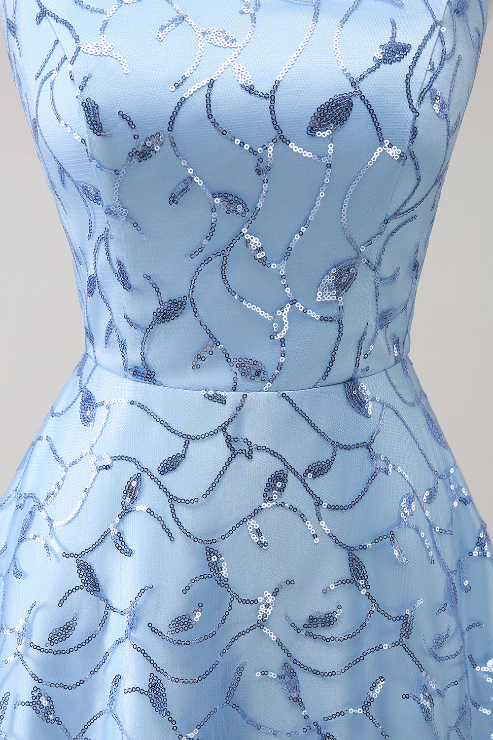 Sparkly Blue Spaghetti Straps Sequins Lace Up Back Maxi Dress with Slit