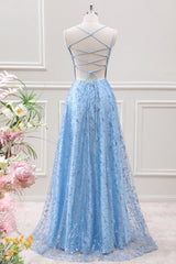 Sparkly Blue A Line Lace-up Back Maxi Dress with Slit