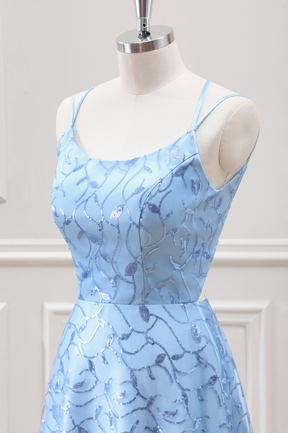 Sparkly Blue A Line Lace-up Back Maxi Dress with Slit