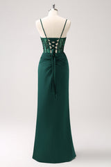 Dark Green Mermaid Spaghetti Straps Satin Maxi Dress with Slit
