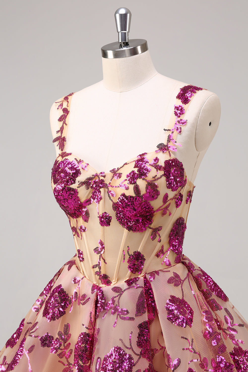 Sparkly White A-Line Floral Corset Mini Dress