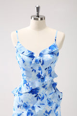 Blue Sheath Floral Ruffles Maxi Dress with Slit
