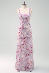 Grey Purple Sheath Floral Maxi Dress with Ruffles