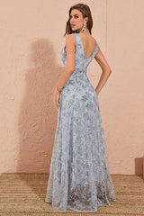 Silver Grey A Line Floral Embroidery Maxi Dress with Slit