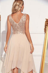 Sparkly Apricot A Line V Neck Chiffon Asymmetrical Cocktail Dress