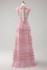 Blush Ruffled Chiffon A Line Bridesmaid Dress with Open Back