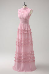 Blush Ruffled Chiffon A Line Bridesmaid Dress with Open Back