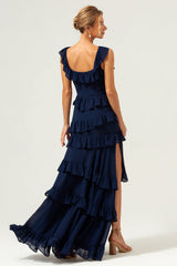 Dark Navy A Line Tiered Chiffon Maxi Bridesmaid Dress