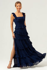 Dark Navy A Line Tiered Chiffon Maxi Bridesmaid Dress