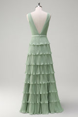 Dusty Sage Tiered Ruffle V Neck Bridesmaid Dress with Slit