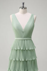 Dusty Sage Tiered Ruffle V Neck Bridesmaid Dress with Slit