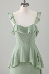 A Line Light Green Corset Tiered Ruffles Chiffon Maxi Dress
