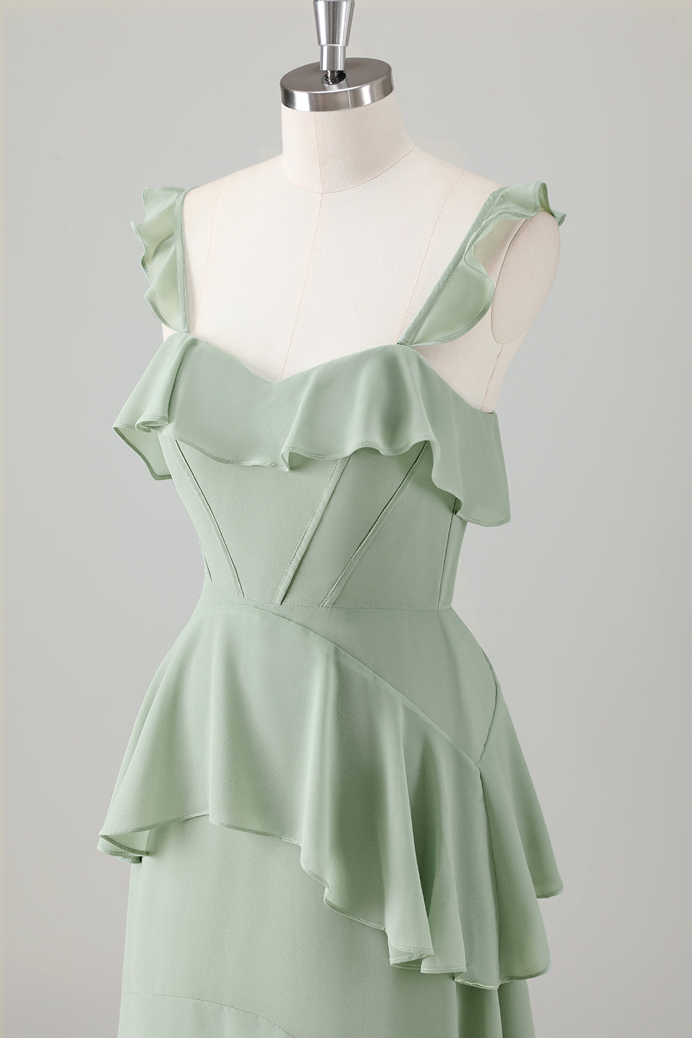 A Line Light Green Corset Tiered Ruffles Chiffon Maxi Dress