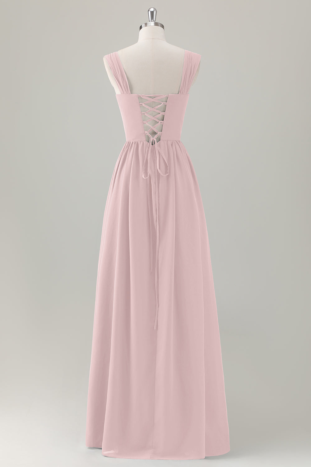 Dark Blue Ruched A Line Chiffon Corset Maxi Dress with Lace-Up Back