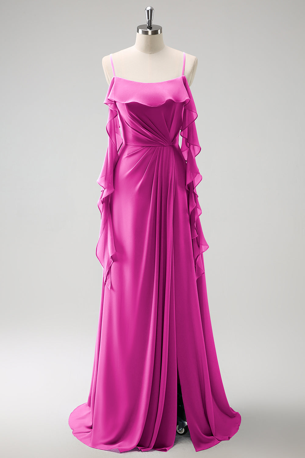 Grey Blue A Line Spaghetti Straps Chiffon Long Bridesmaid Dress with Slit