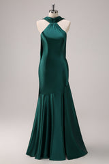 Dark Green Satin Mermaid Halter Maxi Dress