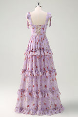 Grey Purple A Line Tiered Corset Slit Floral Maxi Dress with Lace-up Back