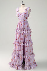 Grey Purple A Line Tiered Corset Slit Floral Maxi Dress with Lace-up Back