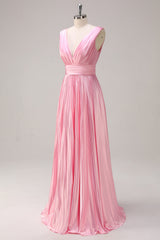 Pink A Line Pleated V Neck Bridesmaid Dress