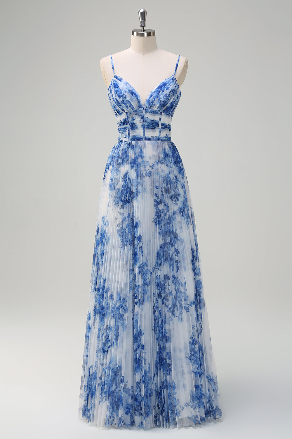 Pleated A Line White Blue Flower Spaghetti Straps Maxi Dress