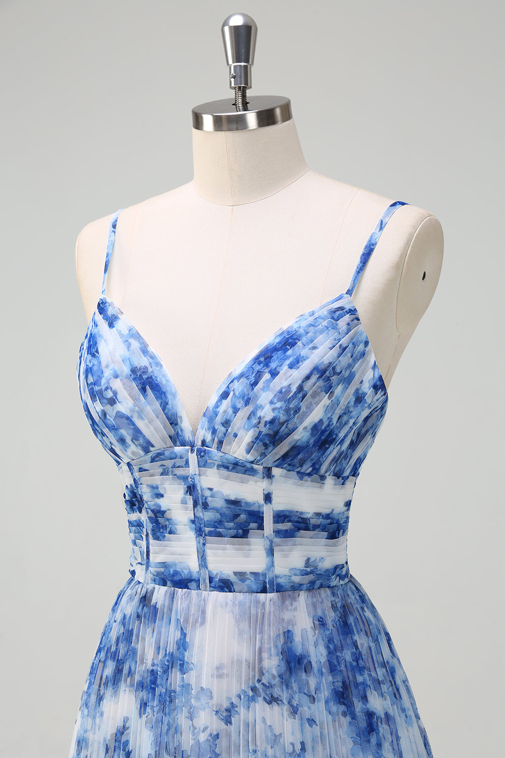 Pleated A Line White Blue Flower Spaghetti Straps Maxi Dress