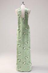 Sage White Flower Sheath Spaghetti Straps Slit Maxi Dress with Ribbon