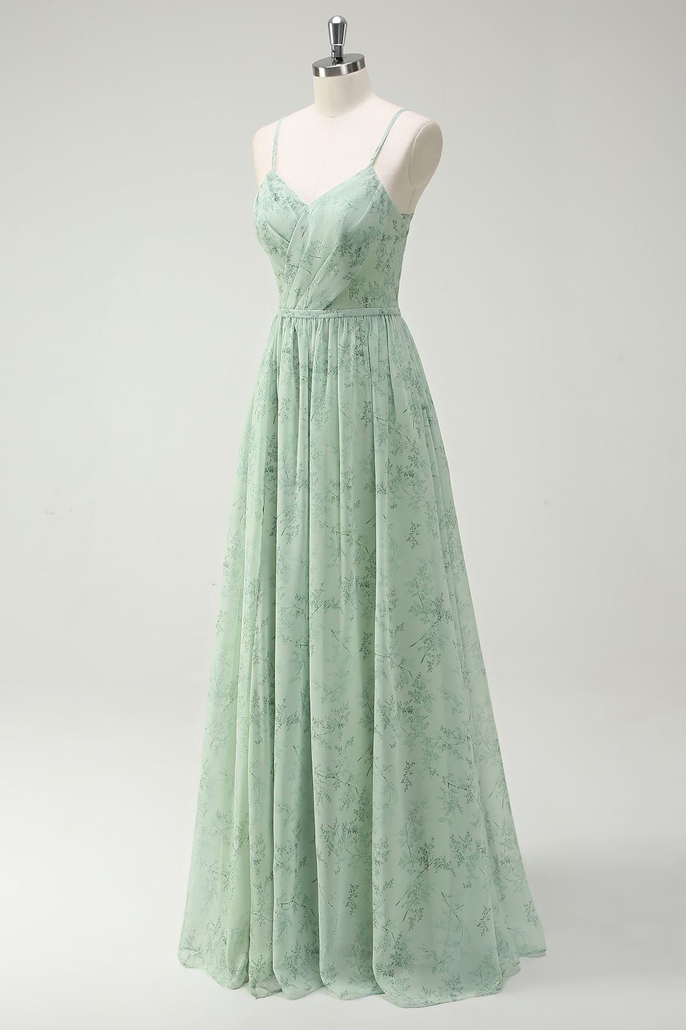 Floral Dusty Sage A Line Cut Out Bridesmaid Dress with Slit