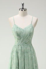 Floral Dusty Sage A Line Cut Out Bridesmaid Dress with Slit