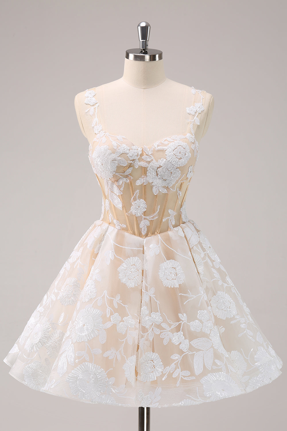 Floral Fuchsia Sequined Corset Homecoming Dress