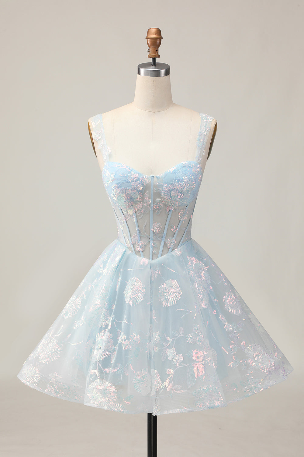 Sparkly White A-Line Floral Corset Mini Dress