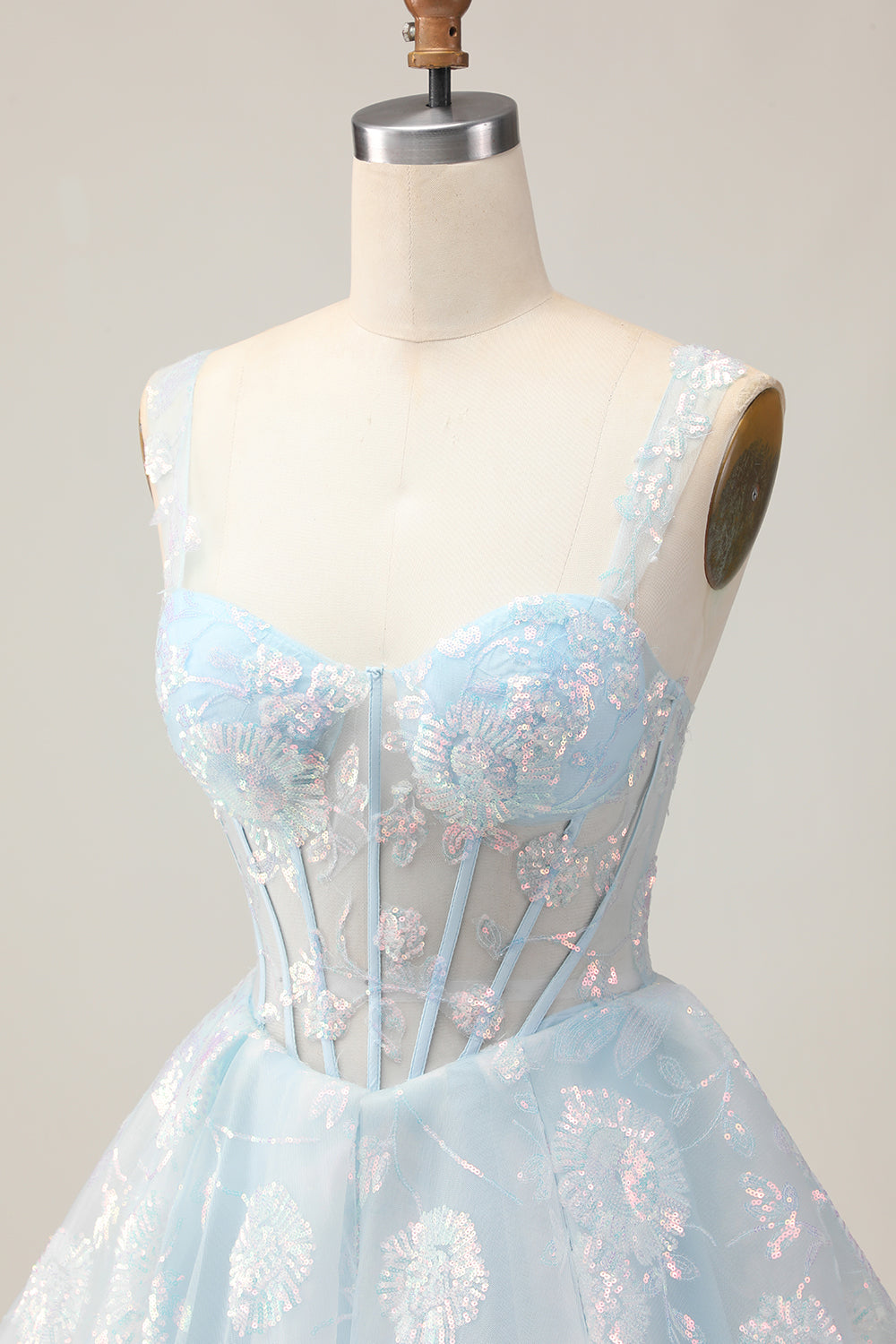 Sparkly White A-Line Floral Corset Mini Dress