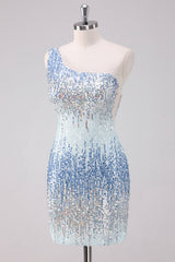 Sparkly Light Blue One Shoulder Sequins Bodycon Mini Dress