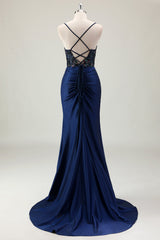 Dark Navy Ruched Mermaid Sequined Prom Dress with Slit