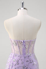 Sparkly Light Purple Corset Mermaid Strapless Prom Dress with Slit