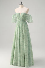 Dusty Sage Pleated A Line Off The Shoulder Prom Dress with Slit