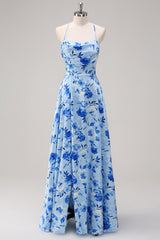 Blue A Line Floral Spaghetti Straps Maxi Dress with Slit