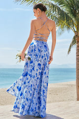 Blue A Line Floral Spaghetti Straps Maxi Dress with Slit