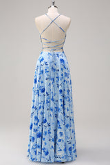 Blue A Line Floral Spaghetti Straps Maxi Dress with Slit