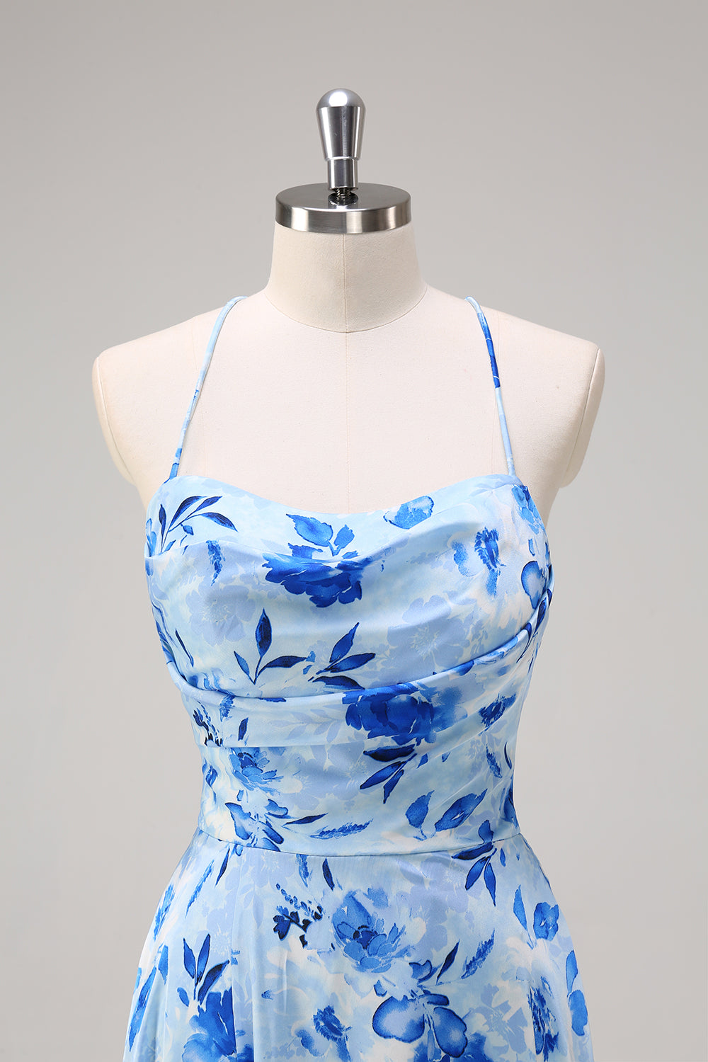 Blue A Line Floral Spaghetti Straps Maxi Dress with Slit