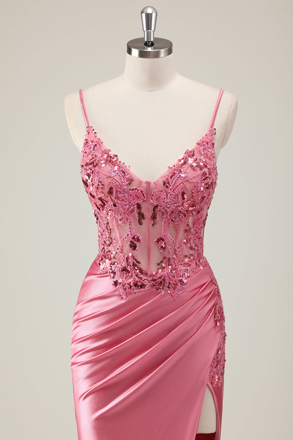 Coral Corset Sequin Mermaid Prom Dress with Slit