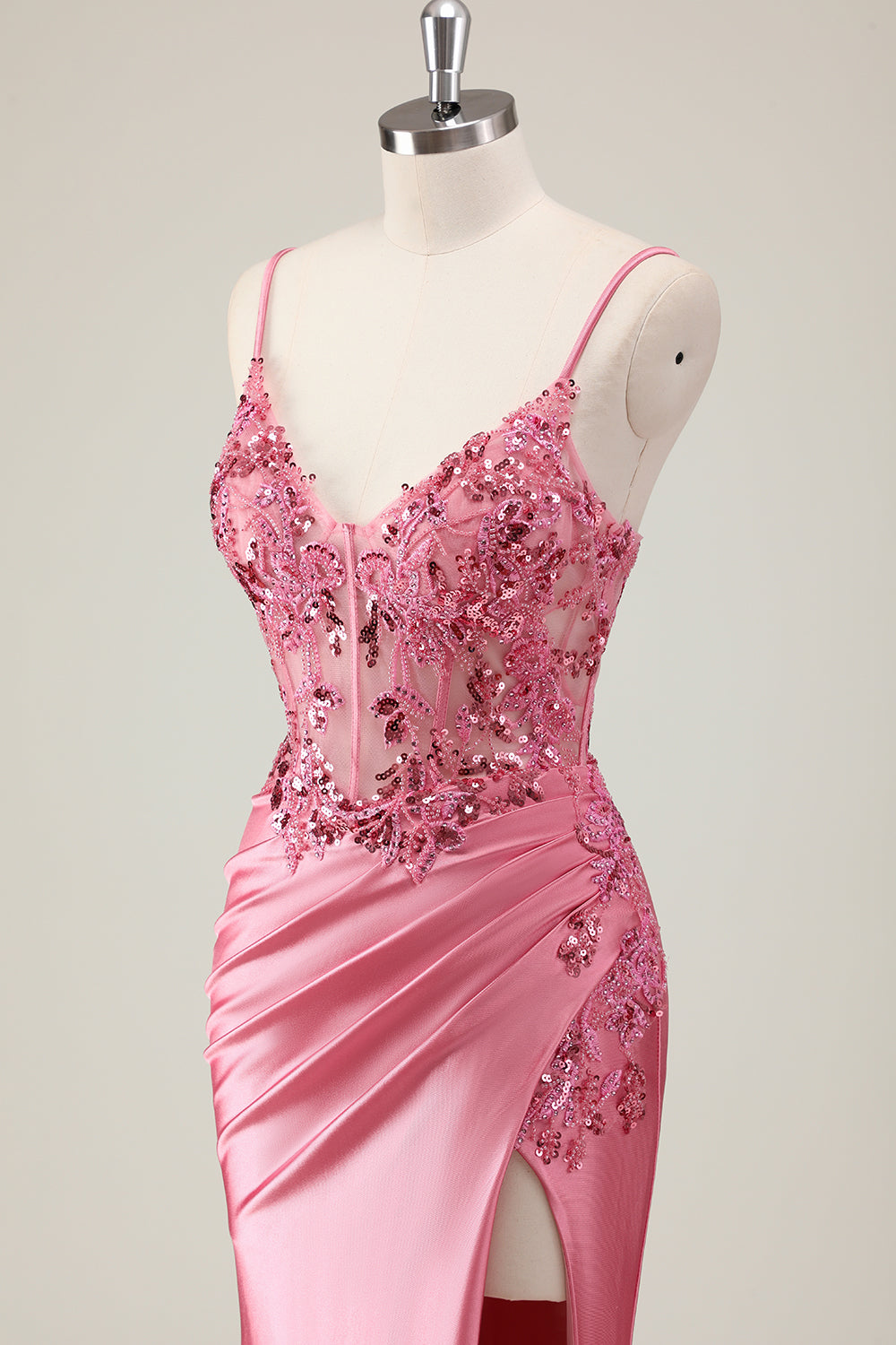 Coral Corset Sequin Mermaid Prom Dress with Slit