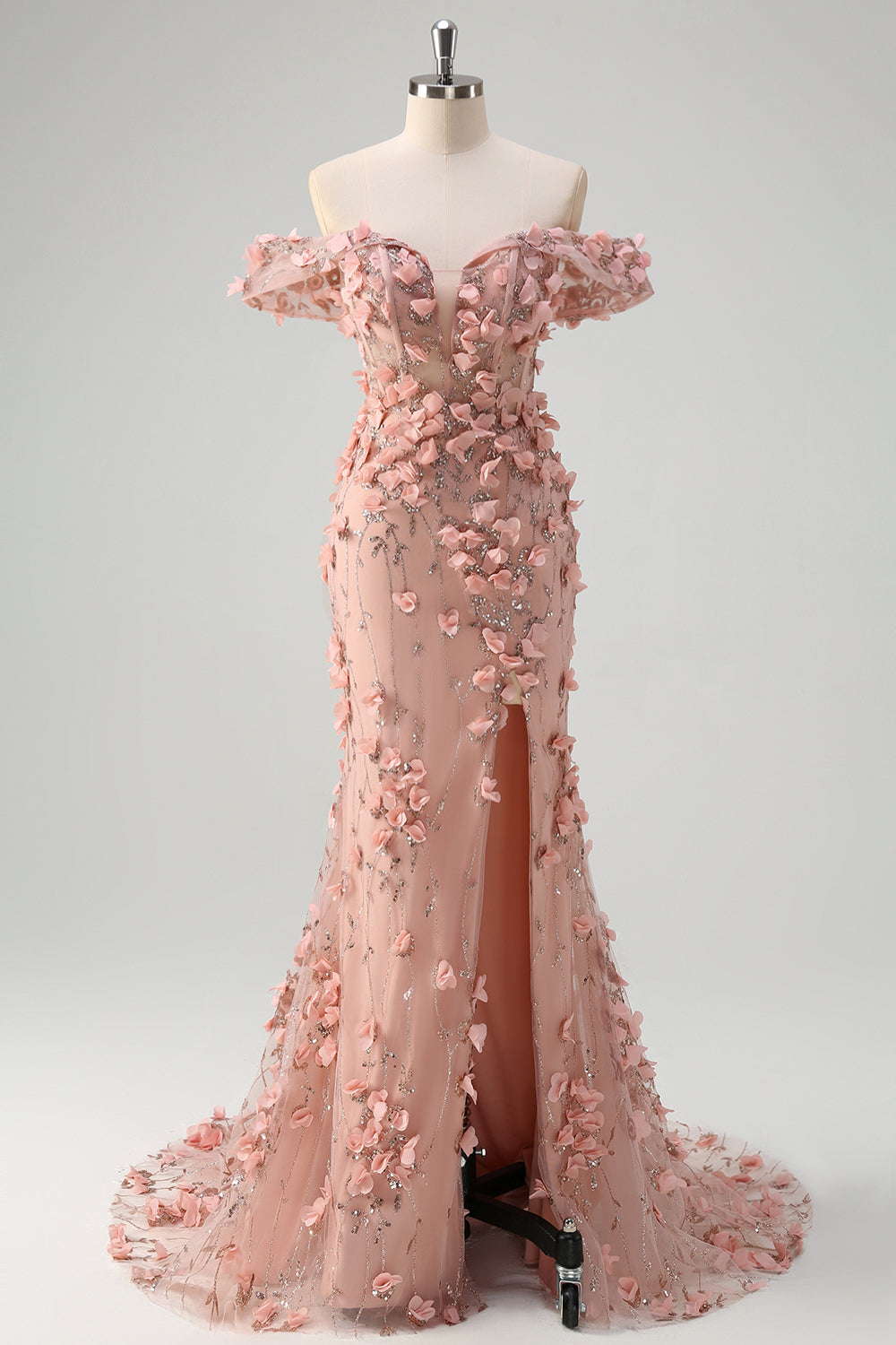 Blush Sequin Corset Off the Shoulder Mermaid Prom Dress with 3D Flowers and Slit