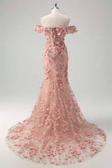 Blush Sequin Corset Off the Shoulder Mermaid Prom Dress with 3D Flowers and Slit