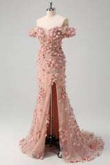 Blush Sequin Corset Off the Shoulder Mermaid Prom Dress with 3D Flowers and Slit