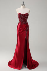Burgundy Beaded Strapless Mermaid Prom Dress with Slit