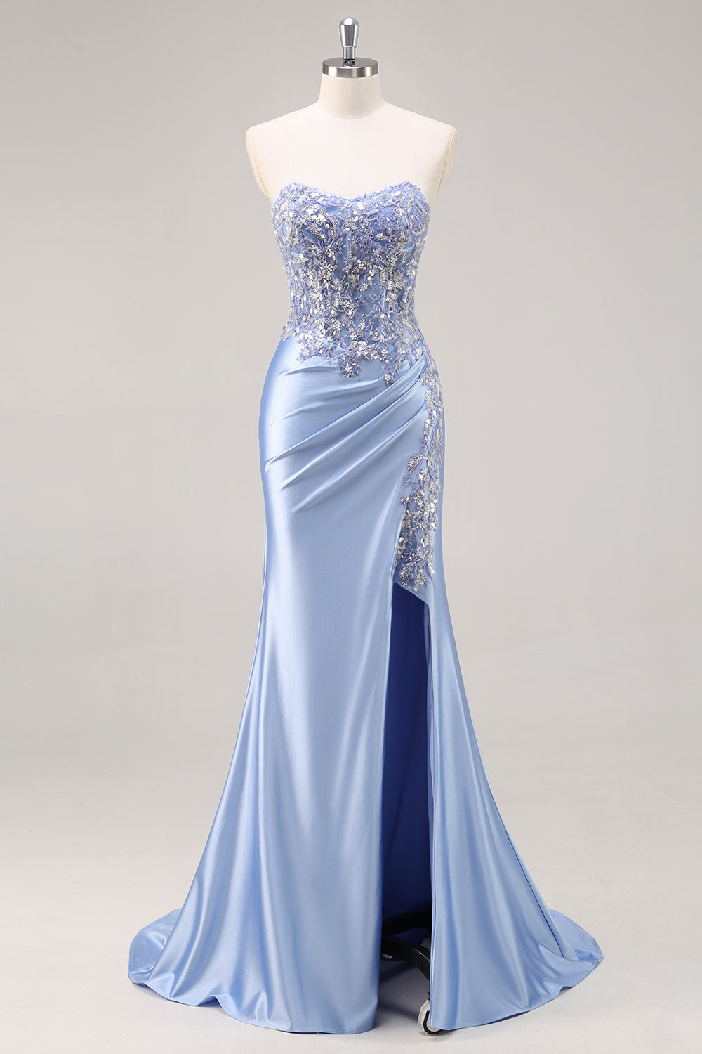 Burgundy Beaded Strapless Mermaid Prom Dress with Slit