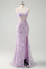 Sparkly Lilac Corset Mermaid Slit Prom Dress with Lace-up Back